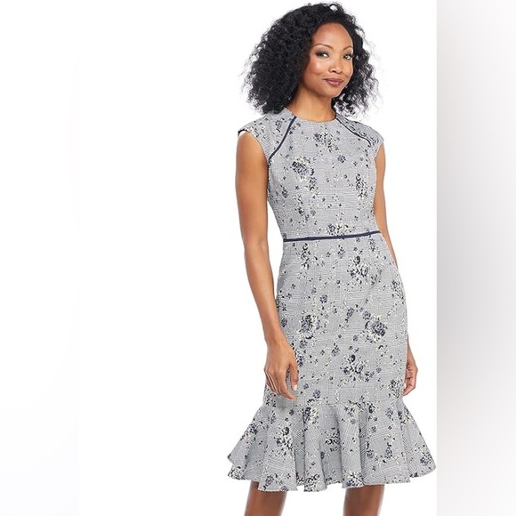 Maggy London Petite Novelty Plaid Sheath with Cap Sleeve and Flounce Hem SZ 6P - Picture 1 of 9